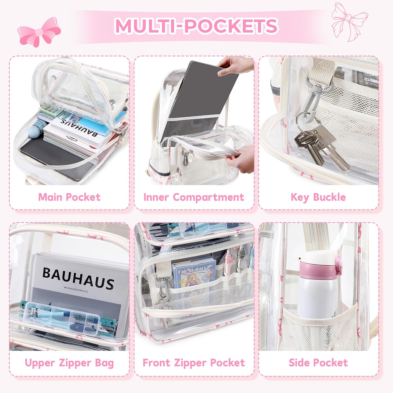 Sisipoet Clear Backpack for Girls with Bow Print, Heavy Duty Transparent Bookbag for School, Stadium, and Concert, Beige