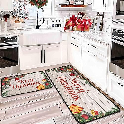 Miniatura 5 de boilopp home Juego de 2 tapetes de cocina de Navidad con respaldo antideslizante, decoración de Navidad, alfombra lavable de 17 x 47.2 pulgadas + 17