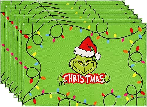 Whaline 6 manteles individuales de Navidad de 12 x 18 pulgadas, divertidos personajes animados con patrón de luces coloridas de Navidad, manteles