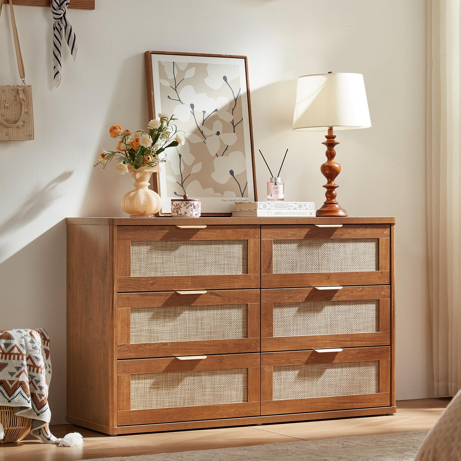 LEYAOYAO Rattan Dresser and Nightstand Sets 3 Piece, Teac Brown