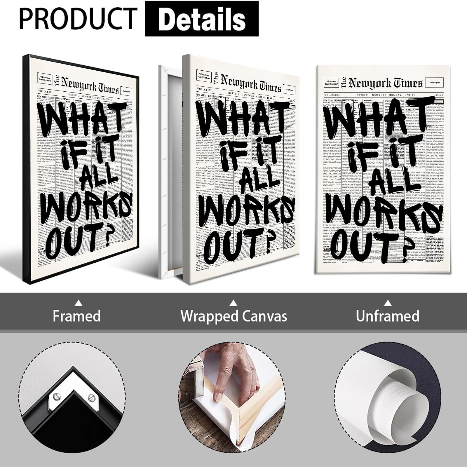 Unframed Black And White Newspaper Canvas Posters What If It All Works Out Wall Art Positive Affirmations Inspirational Quote Prints Painting For Living Room Bathroom Wall Decor 8x12in — view 2