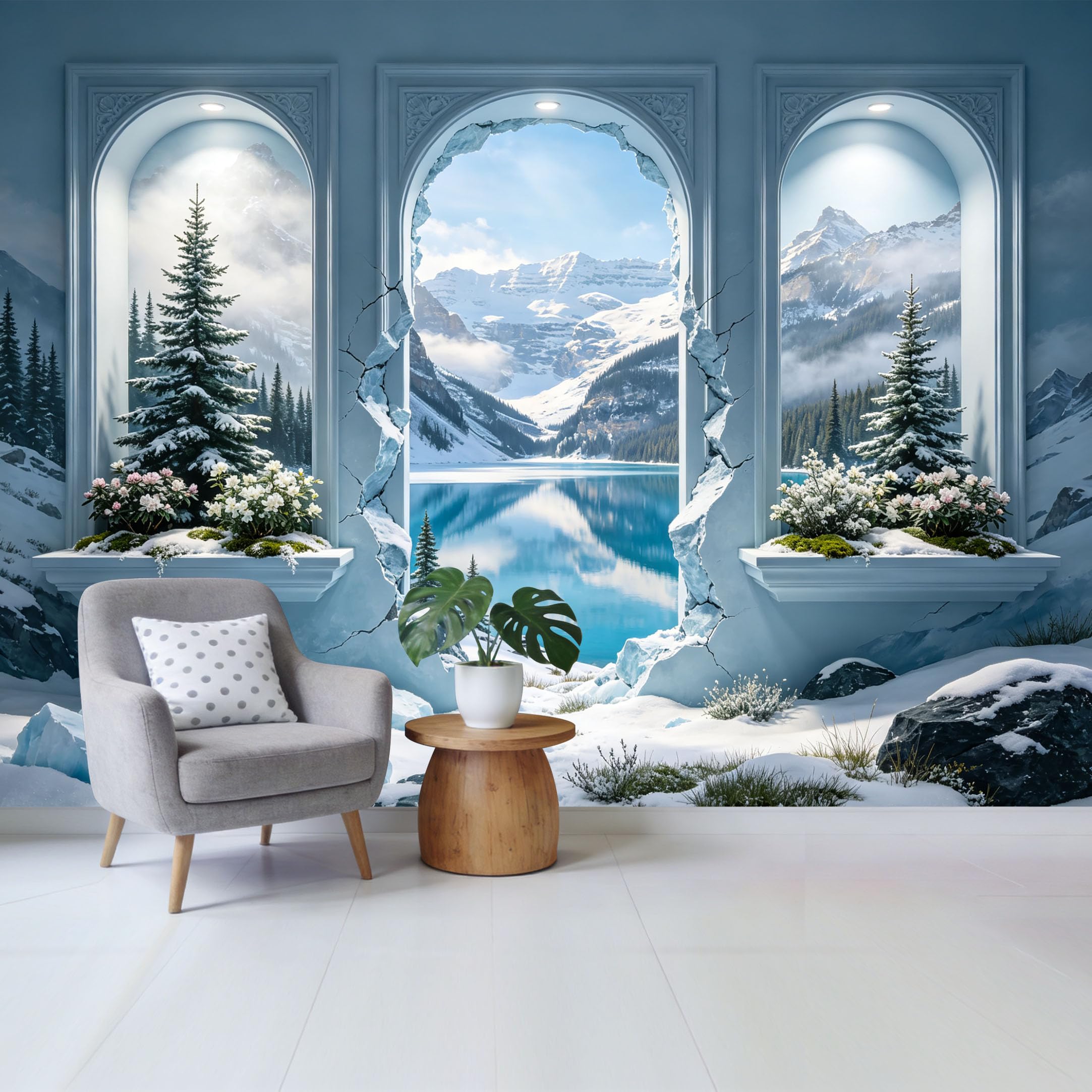 Custom Size Wall Mural Mountain Lake View Frozen Forest 3D Trompe l’oeil Landscape Removable Self Adhesive Fabric Home Wall Decor for Living Room Bedroom Bathroom