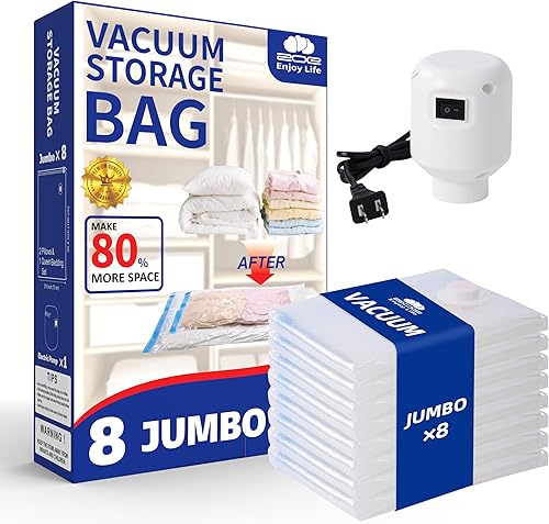 Paquete de 8 bolsas de almacenamiento de sellado al vacío con bomba eléctrica, ahorro de espacio, espacio de compresión, para ropa, edredones,