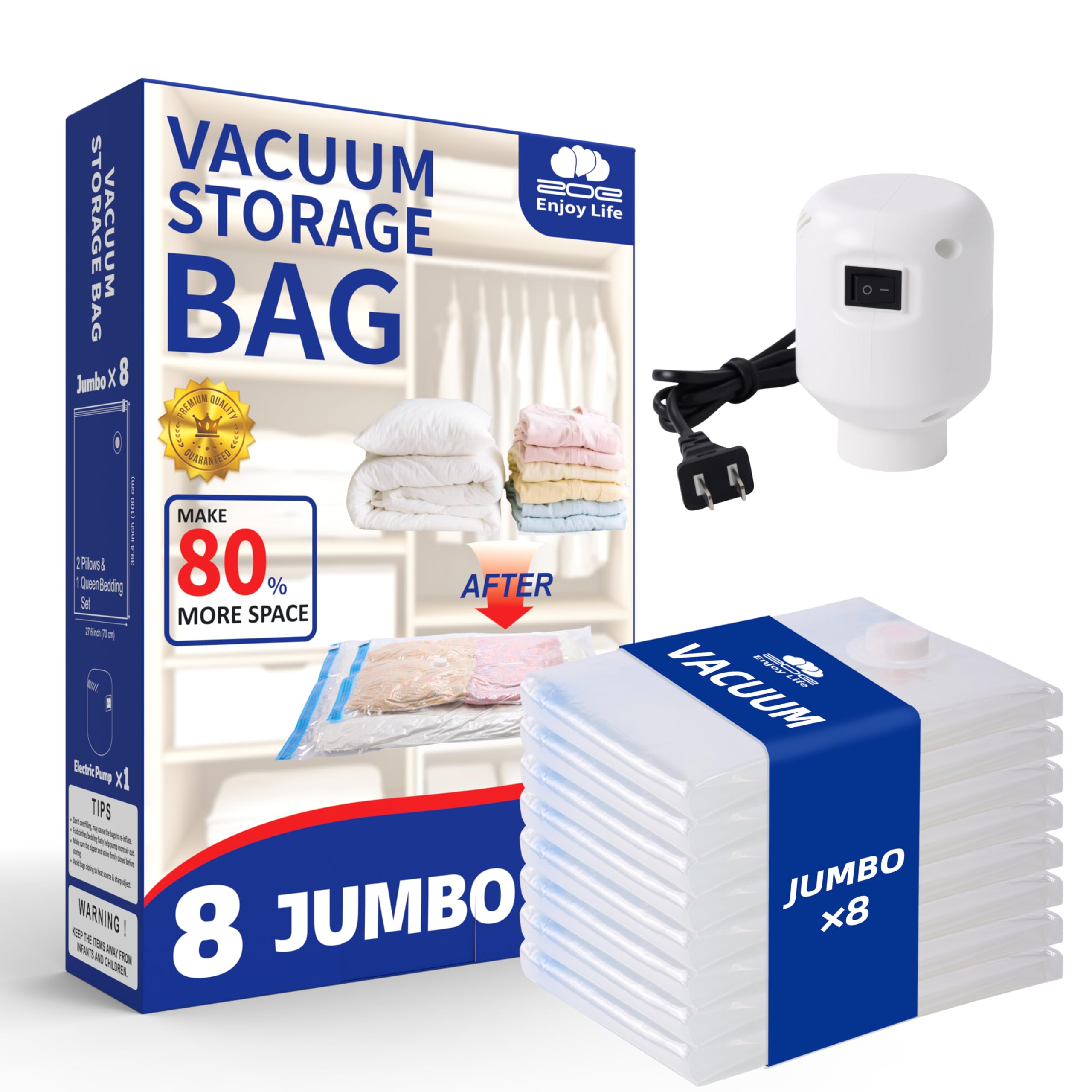 vacuum storage bags with electric pump, 8 jumbo pack space saver bags, heavy duty reusable pa+pe vacuum sealer bags for comforters, bedding, blankets, clothes, home organization & travel