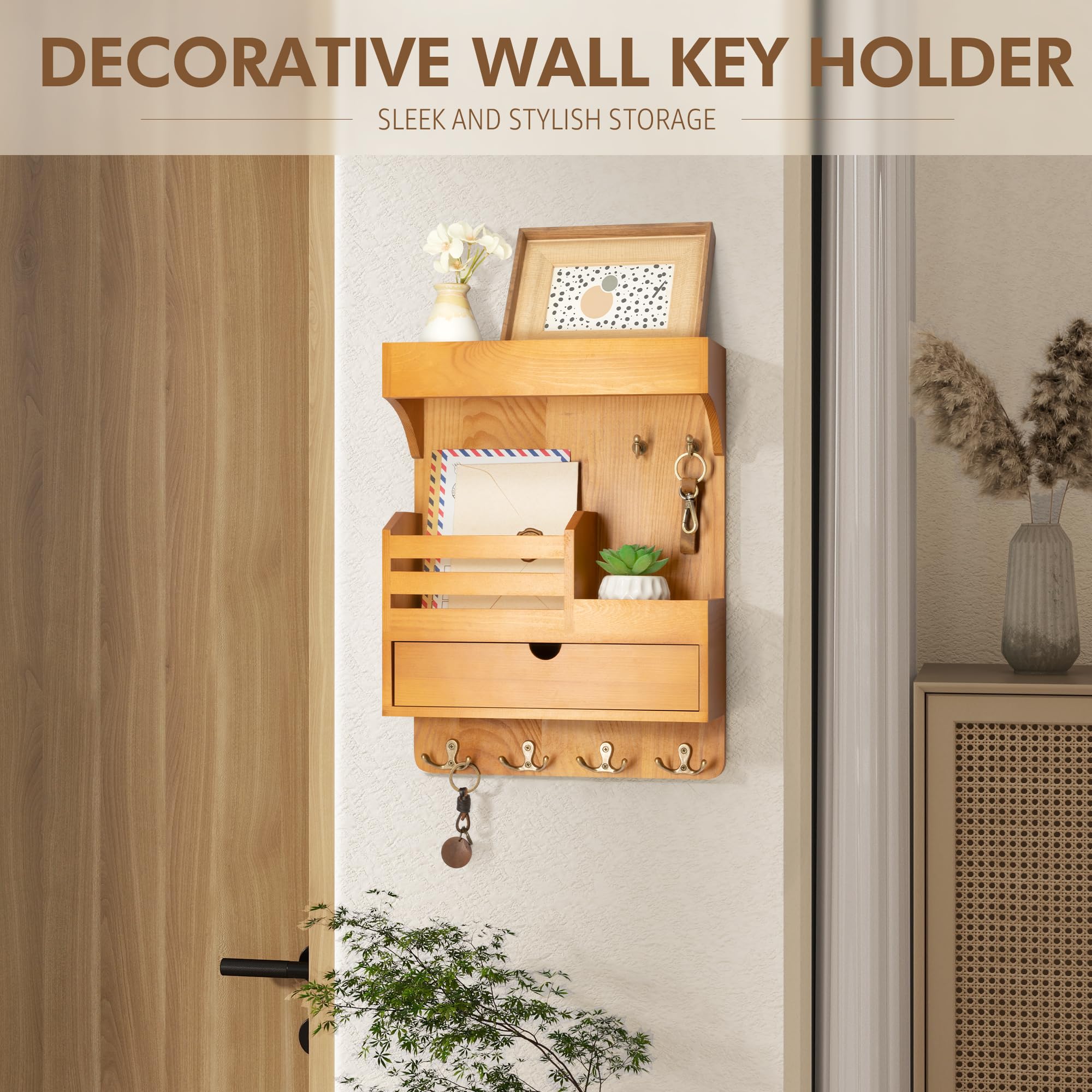 Moderno portachiavi da parete con organizer per cassetti, pratico organizer per posta e chiavi, con 6 ganci resistenti e mensola sospesa da parete, ideale per illuminare l'arredamento della tua casa