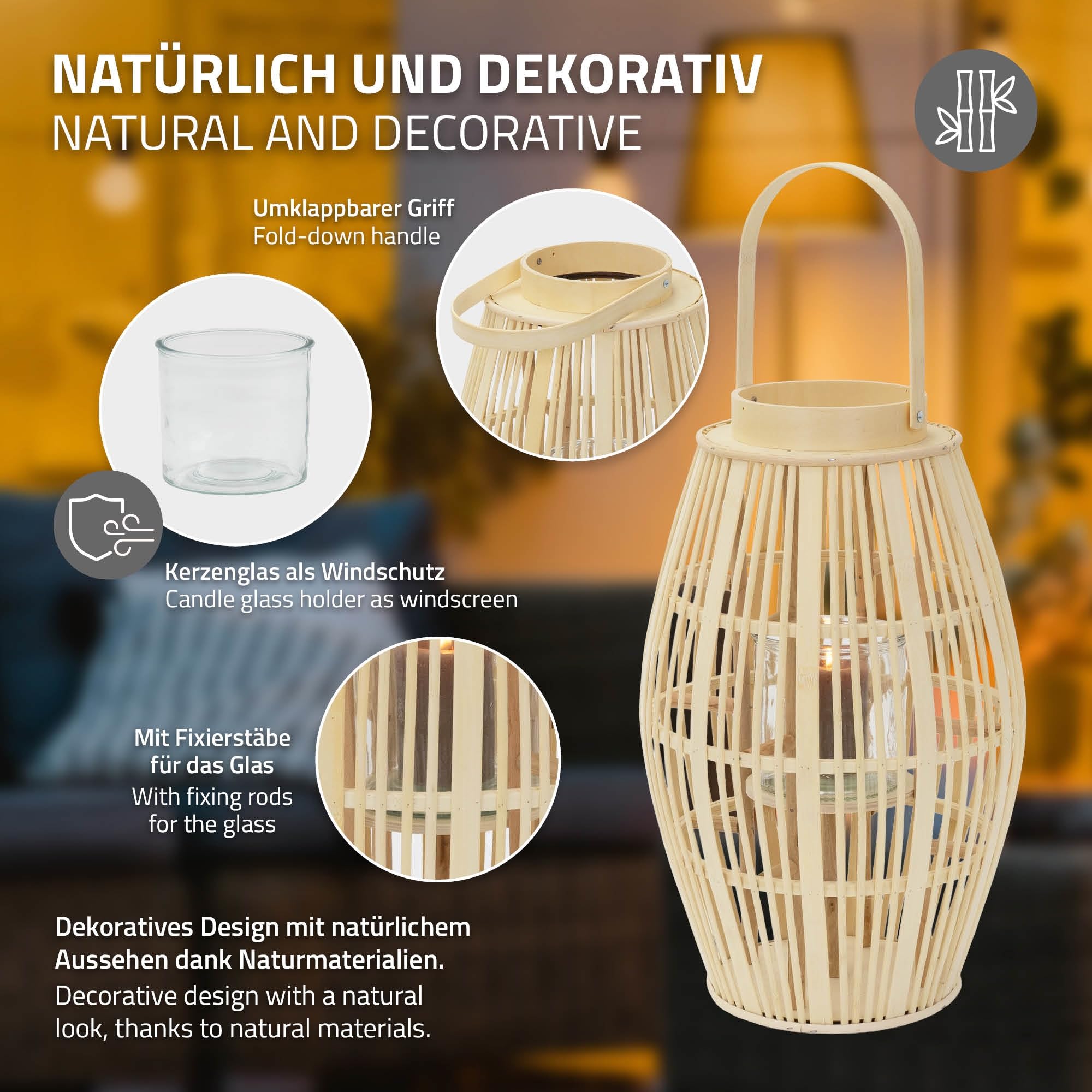 ECD Germany Latarnia Bambusowa Ogrodowa 63 cm Lampion Dekoracyjny Boho z Uchwytem i Szklanym Wkladem Swiecznik na Taras Balkon do Ogrodu i Salonu do Wnetrz na Zewnatrz Kolor Naturalny Styl Pleciony