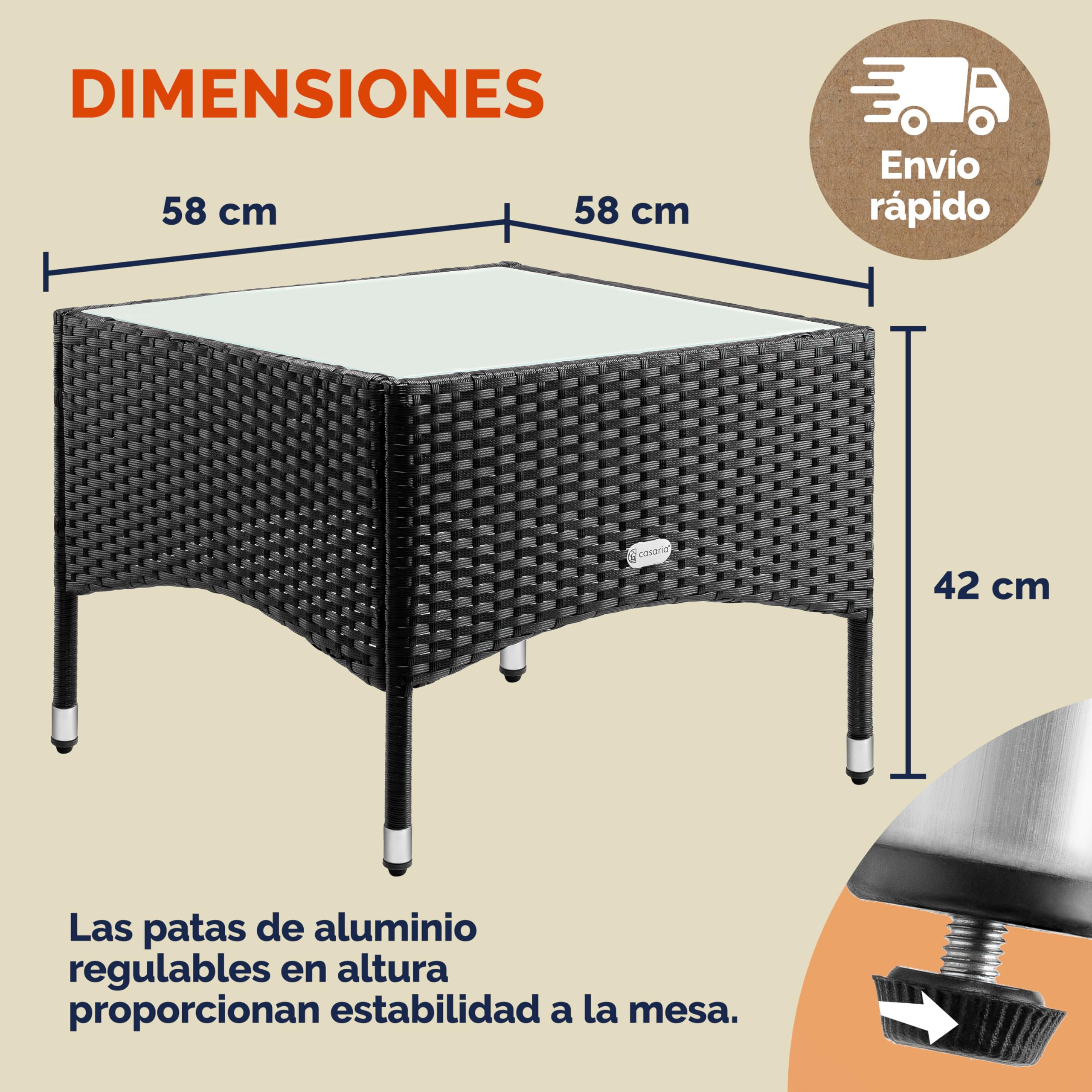 CASARIA® Mesita de Centro Poliratán 58x58x42cm Carga hasta 80Kg Mesa Auxiliar Jardín Ajustable en Altura Tablero Vidrio Resistente Intemperie Negro