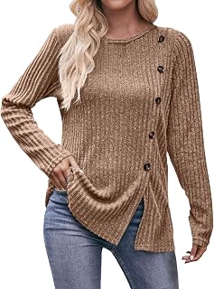 IKFIVQD Women's Solid Color Crew Neck Strip Brushed Slit Fashion Button T Shirt Long Sleeve Top Tunic Button Front Slit Women's Long Sleeved Tops Casual T-Shirt