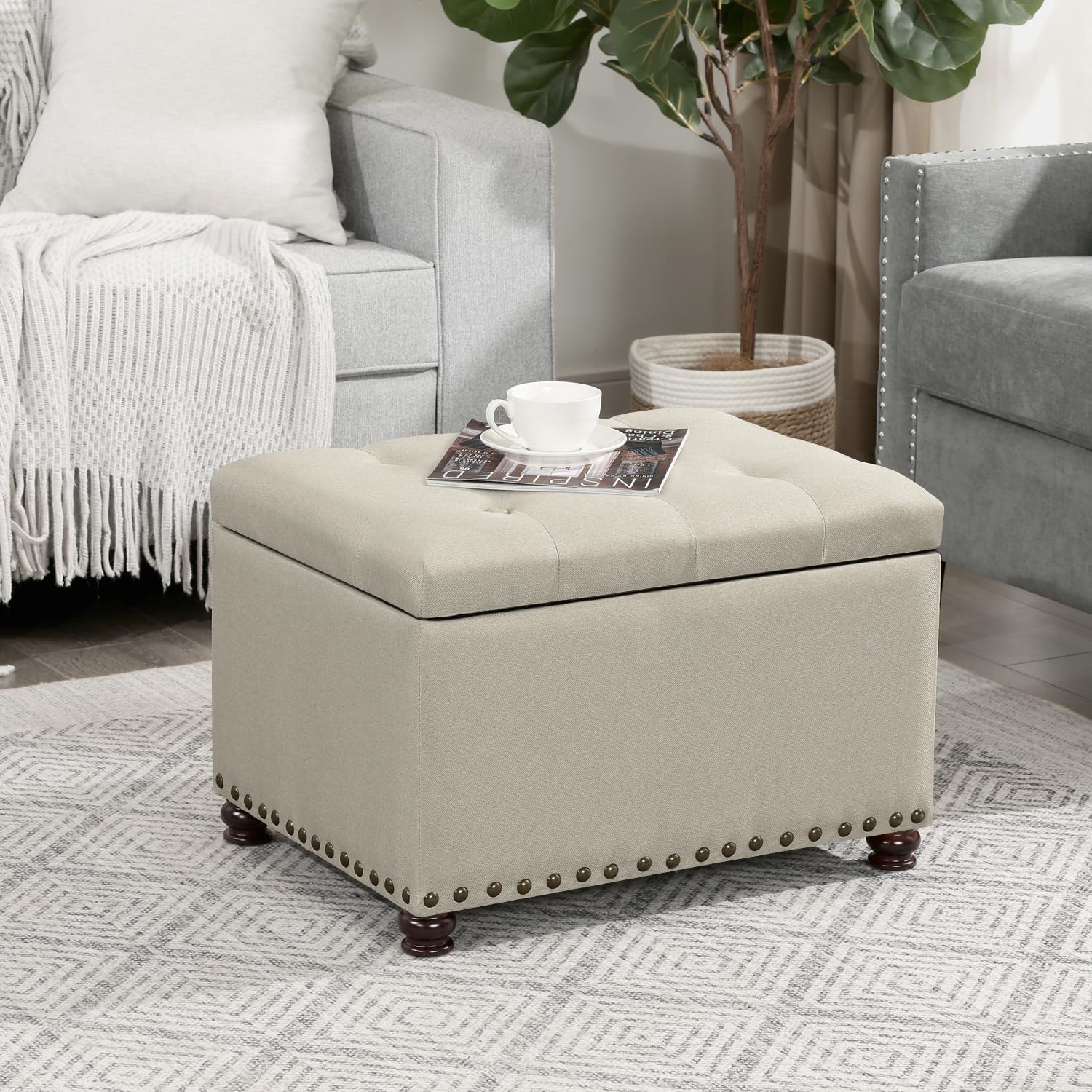 24" Storage Ottoman with Hinged Lid, Tufted Fabric Ottoman Bench for Living Room and Bedroom, Large Ottoman Foot Rest Stool, End of Bed Storage Bench Beige Bronze Rivets