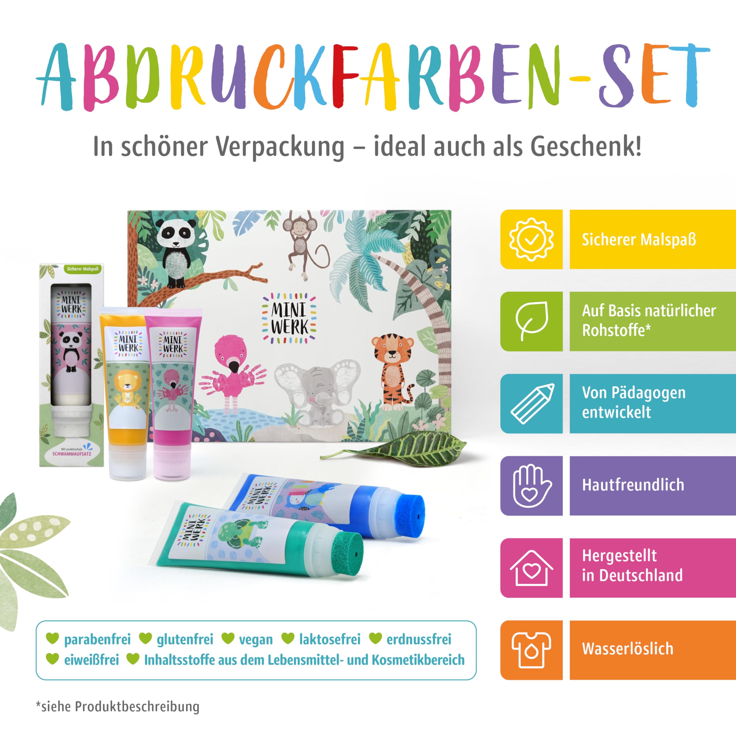 Miniwerk Abdruckfarbe 5er Set mit Schwammaufsatz - 5 Malfarben auf Basis natürlicher Rohstoffe, schadstofffrei wie Fingerfarbe - Baby Handabdruck Set, Fußabdruck Baby (Blau, Grün, Weiß, Rosa, Gelb)