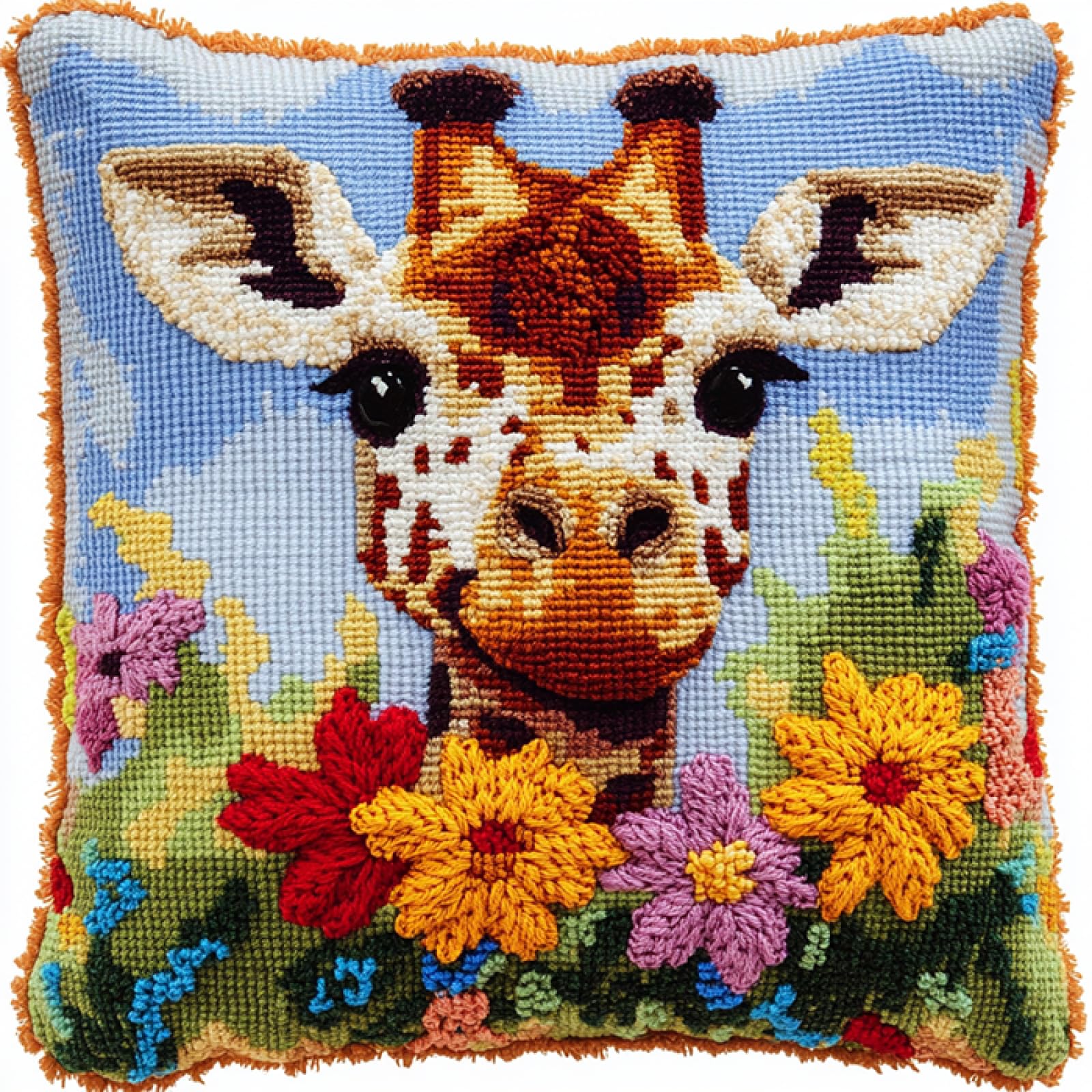 WallustrioaW Flower Animals Stamped Cross-Stitch Kit Printed Canvas,Cute Giraffe,Cross Stitch Cushion Kits Needlework for Adult Beginners 11ct Decoration Embroidery Pillow Case,45x45cm