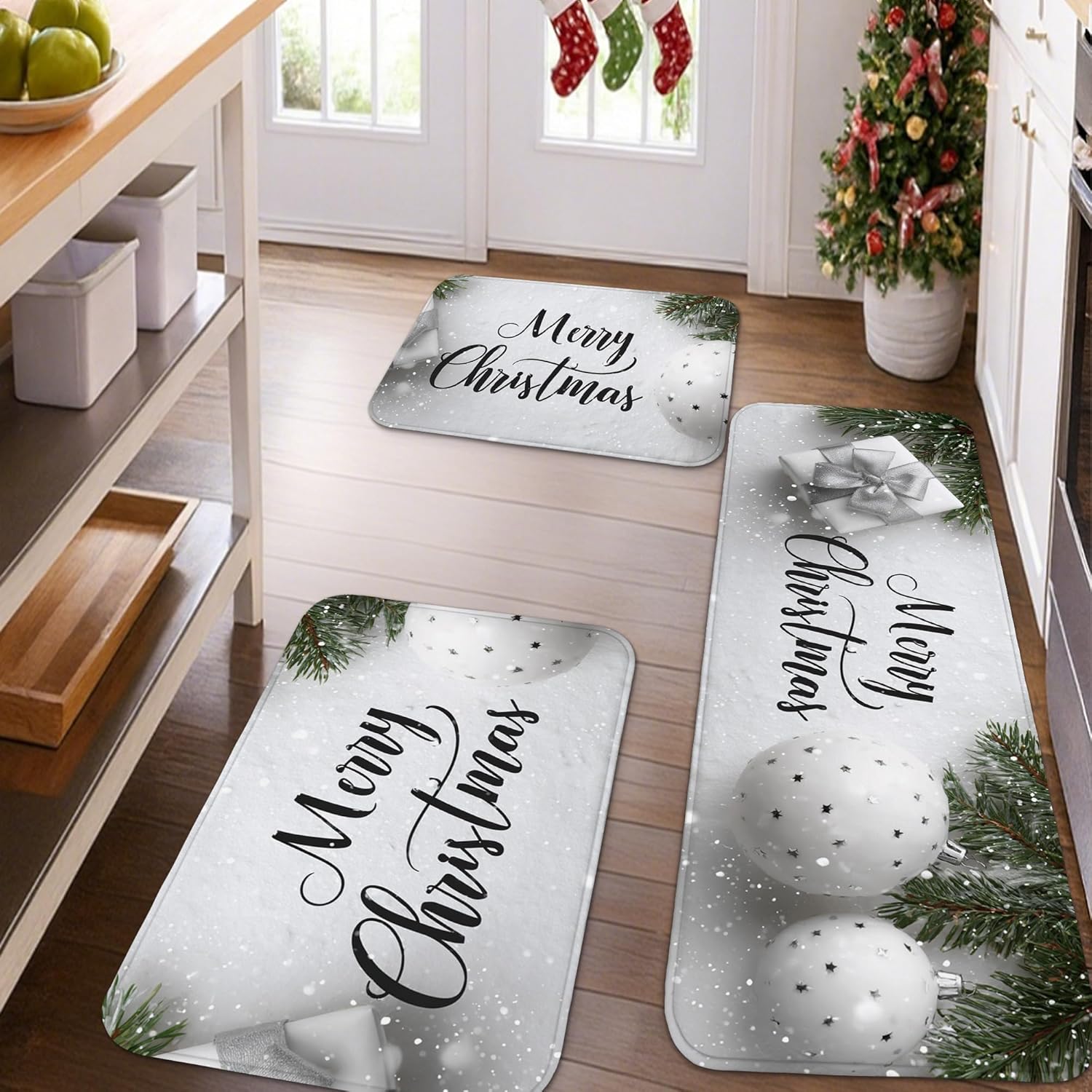 Christmas Kitchen Mats for Floor, Silver Snowflakes Soft Mats, Cushioned Comfort Washable Non Slip Rugs for Kitchen Sinks Laundryroom Bathroom 3pcs