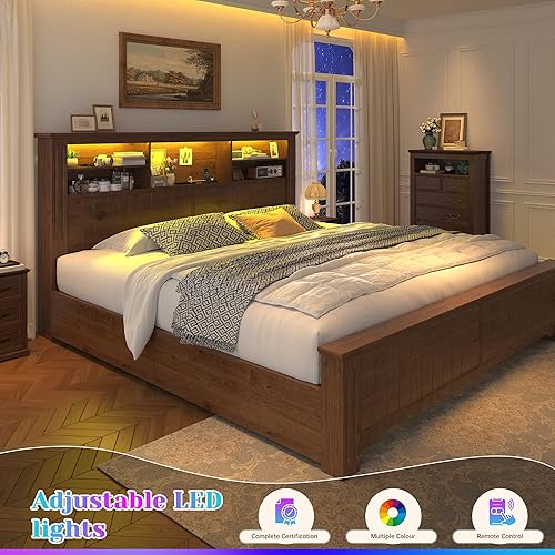 Miniatura 5 de EnHomee Base de cama tamaño King y cabecero y almacenamiento, 4 cajones y estación de carga LED integrada, marco de cama King con almacenamiento de