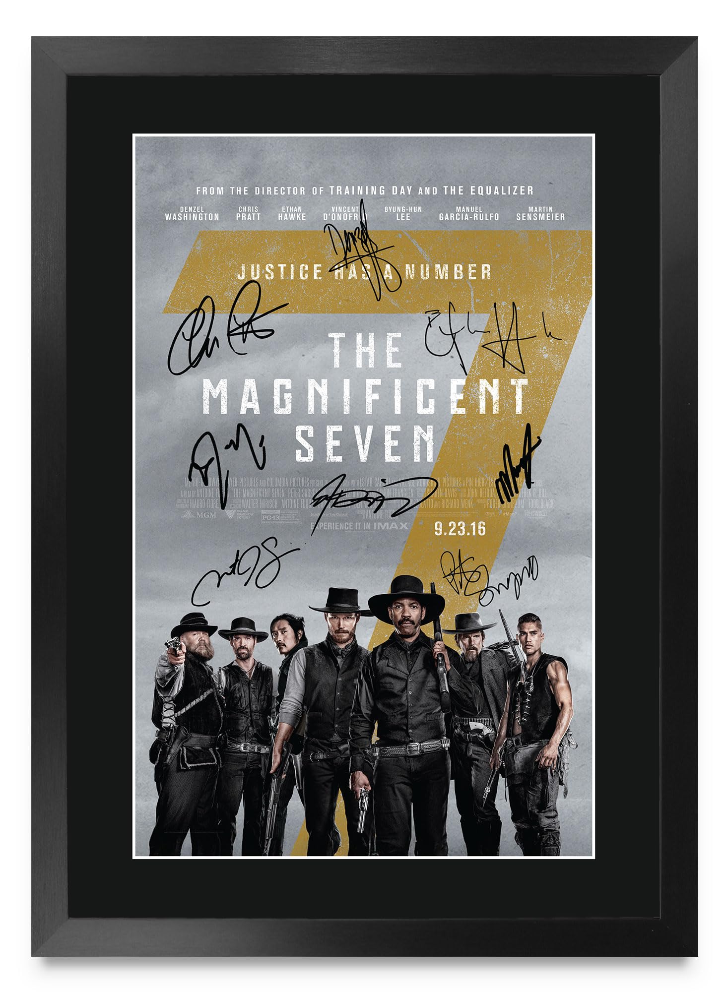 HWC Trading The Magnificent Seven 2016 Denzel Washington Geschenke Geduckter Poster Signiertes Autogramm Foto für Fans von Film Memorabilien - A3 Gerahmt (ID-009994)