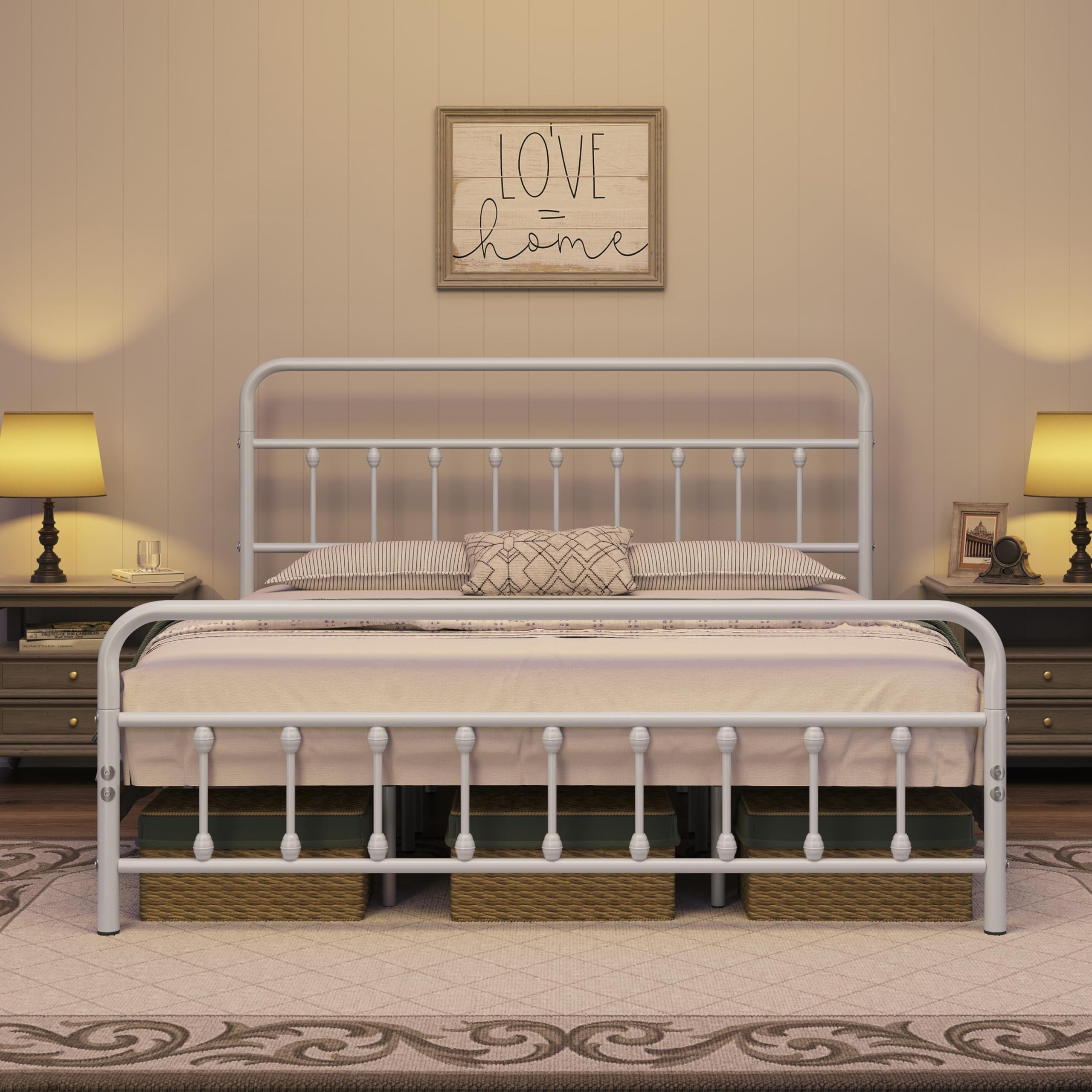 Topeakmart King Size Victorian Style Metal Bed Frame with Headboard/Mattress Foundation/No Box Spring Needed/Under Bed Storage/Strong Slat Support White