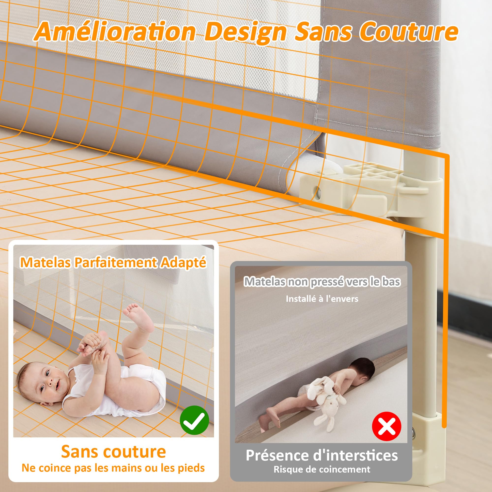 Barrière de lit enfant pliable 140cm sécurité avec élévation verticale double verrouillage