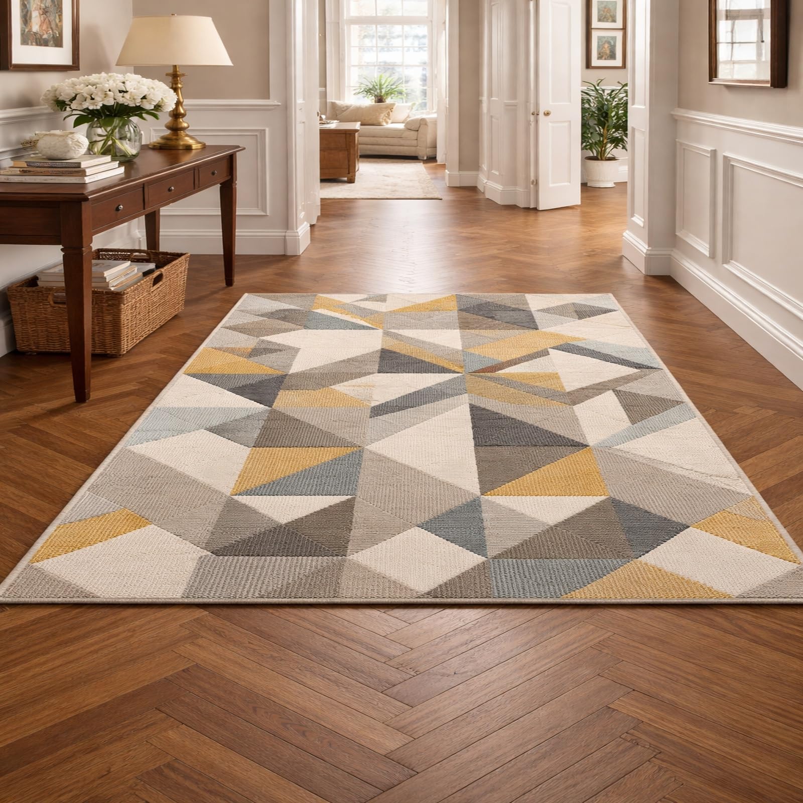 Carpet géométrique moderne grise et bleue grand tapis de salon 200 x 300