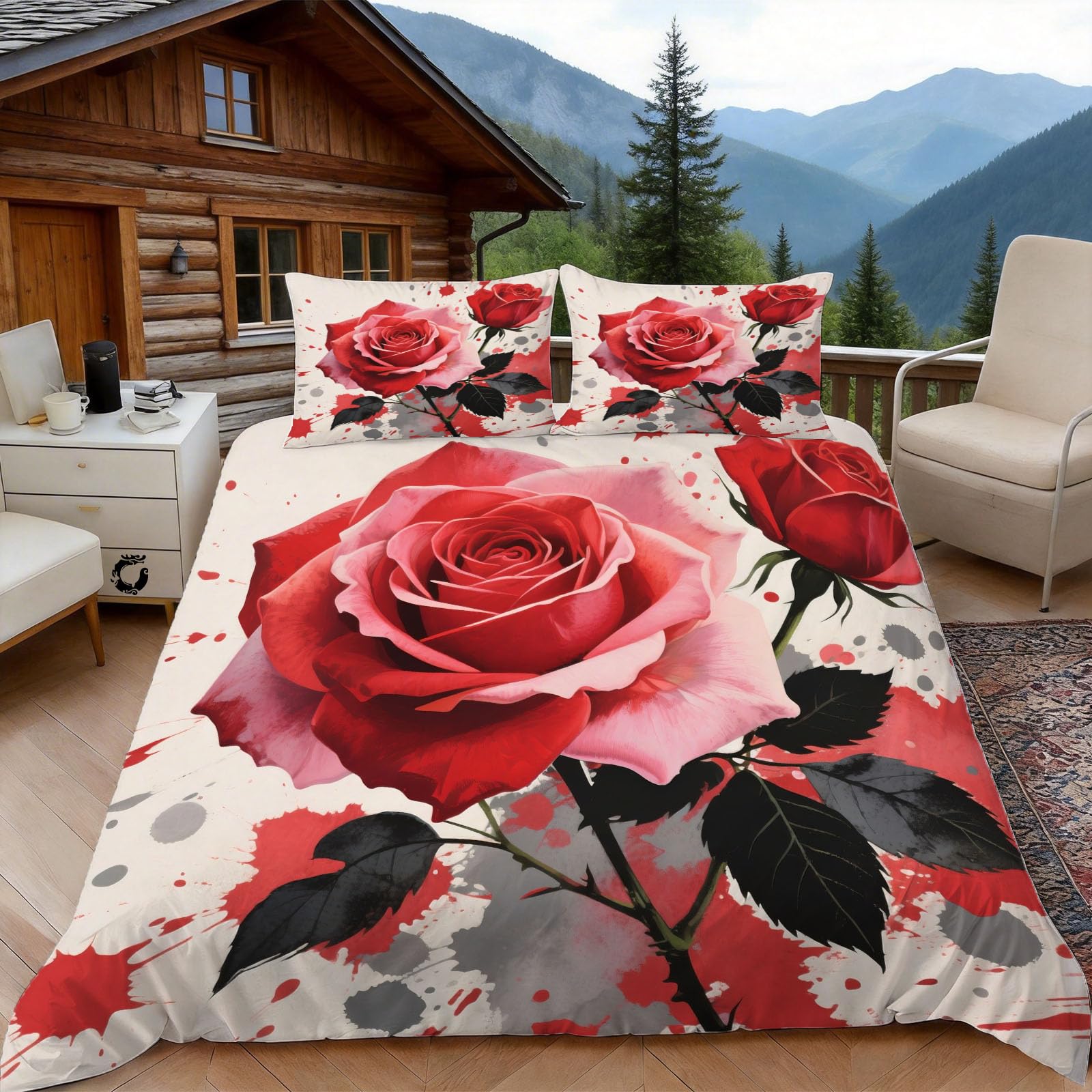 Housse de couette 200x200 imprimé rose et feuilles pour lit 2 personnes