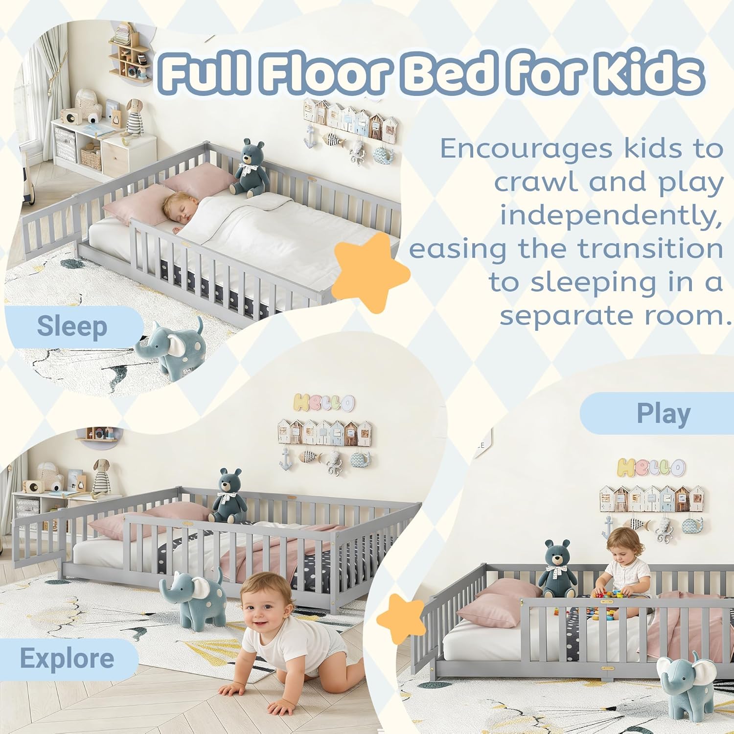Full Size Montessori Floor Bed with Slats and Door, Solid Wood Floor Bed Frame with High Rails,Full Low Wooden Kids Beds with Guardrails,No Box Spring Needed, Gray