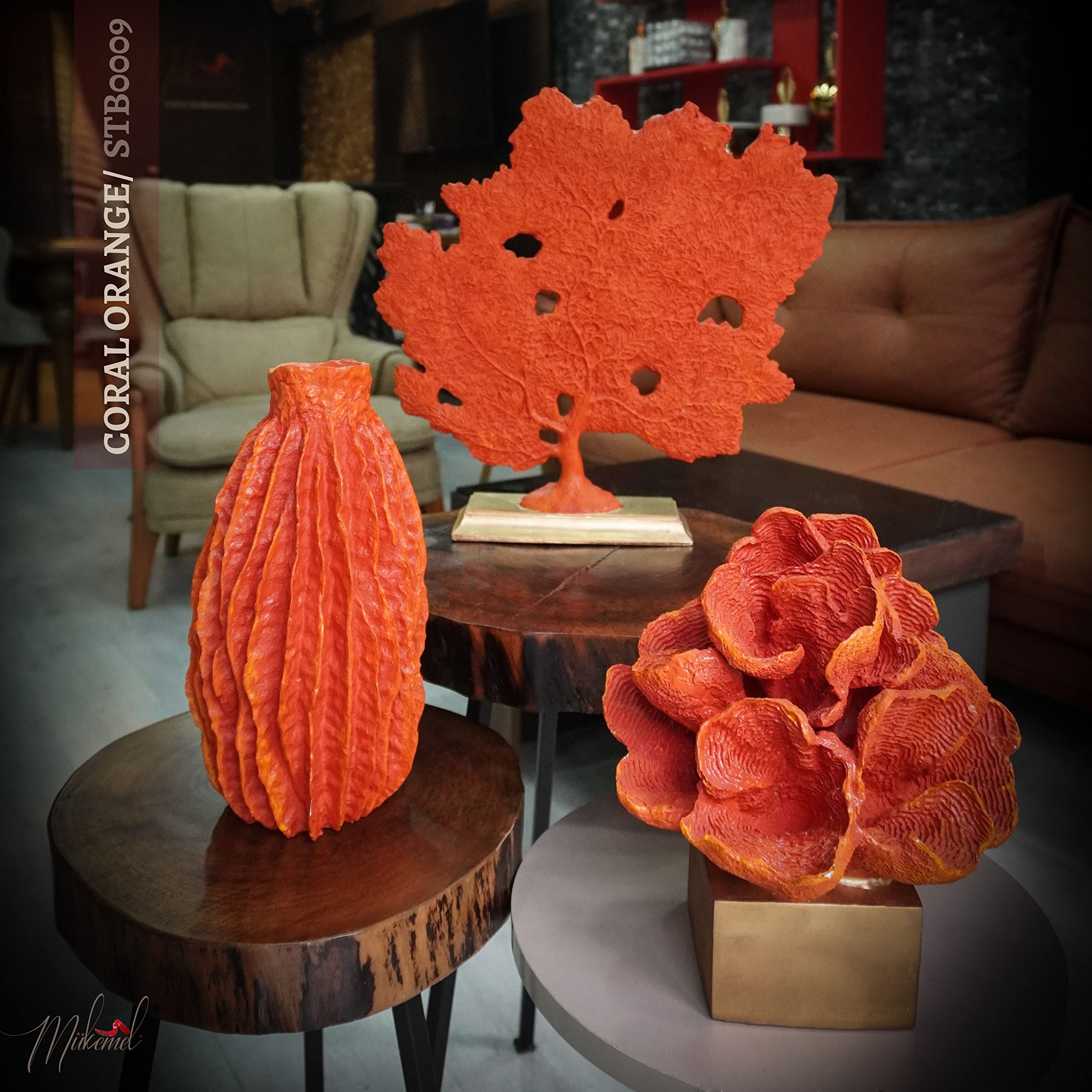 Juego naranja coral (decoración del hogar, artesanía, estatua de mar profundo, misterio del mar) Mukemel Designs -STB0008/9/9z (flor de coral)