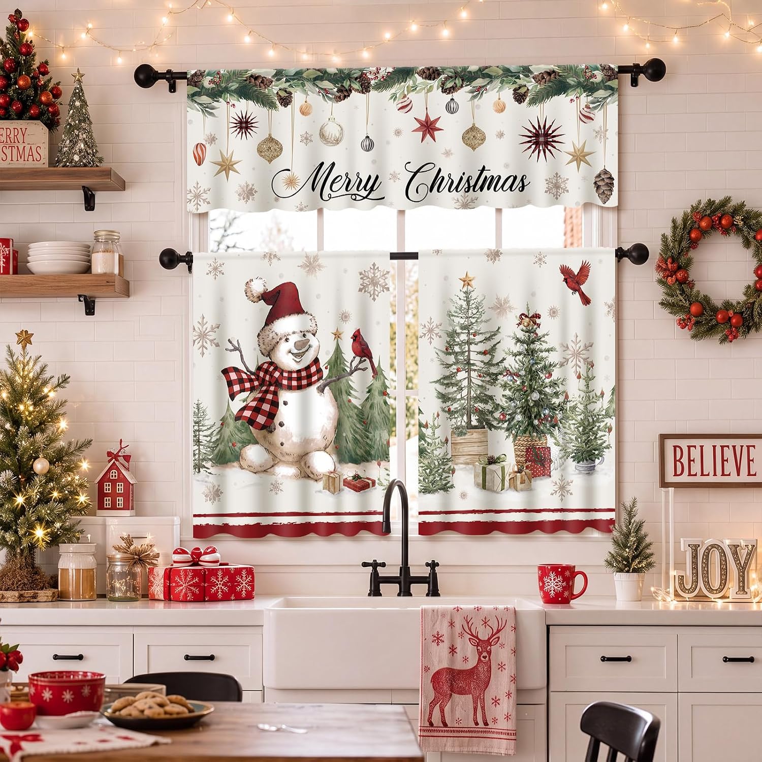 HunnmingRe 3 Pcs Christmas Kitchen Curtain Set, Red Plaid Snowman