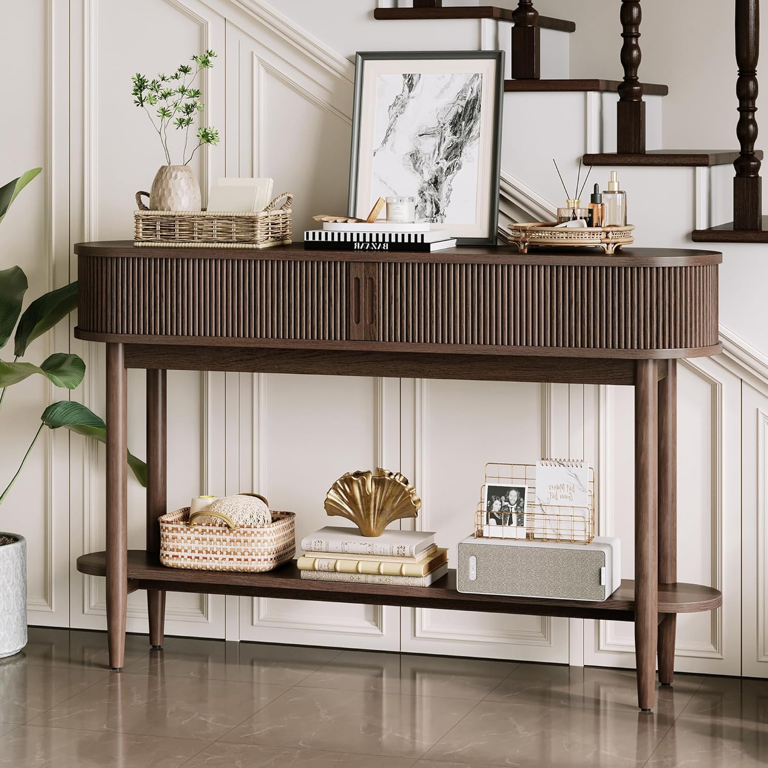 LINSY Fluted Console Table with Storage, Entryway Table Wood Entrance Tables for Front Door, Behind Couch Sofa Table with Shelves, Foyer Tables for Hallways, Living Room Vintage Furniture, Walnut