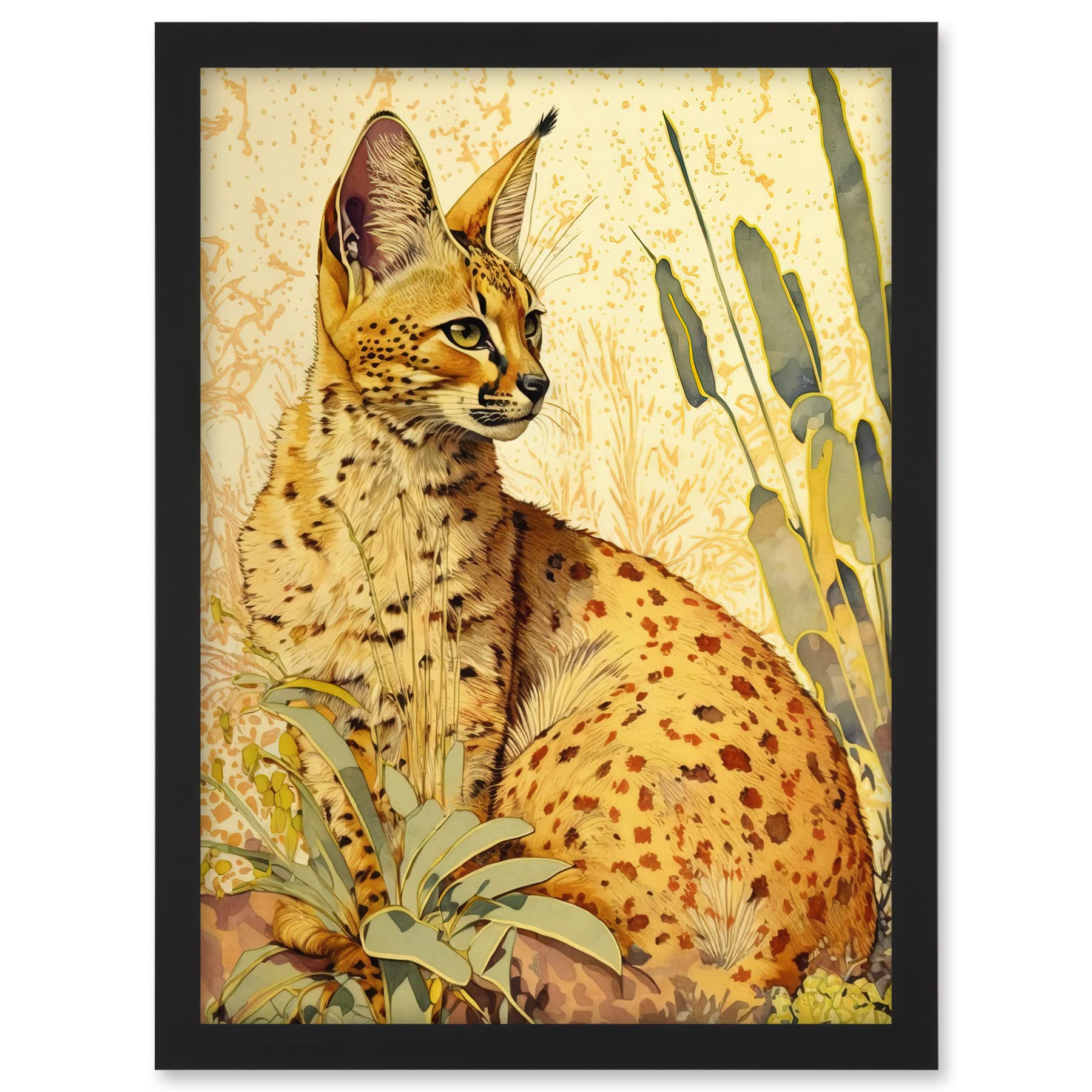 Artery8 Serval Cat in Nature Detailed Watercolour and Ink Bright Illustration Artwork Framed A3 Wall Art Print