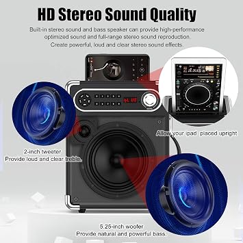 JAUYXIAN Bluetooth Speaker with Two Wireless Microphones, Outdoor Speaker with Subwoofer/Tweeter, Portable PA Speaker System with Remote Control, Discol Lights, FM, REC for Home, Party