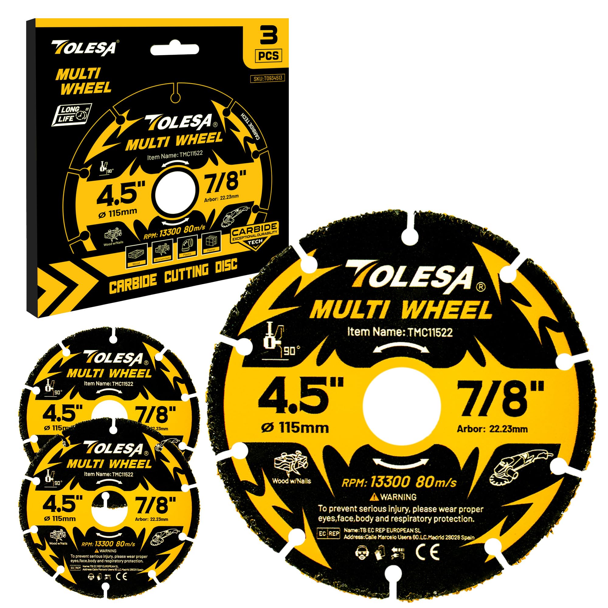TOLESA 4 1/2 Inch Cut Off Wheels, Carbide Cutting Disc, Angle Grinder Cutting Wheel for Wood, Wood with Nails, Laminate, Plastic, Plaster, 3 Pack