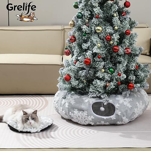 Grelife Cat Tunnel Bed for Indoor Cats, Cat Tunnel Christmas Tree Skirt, Cat Donut Tunnel Toys with Warm Fluffy Plush, Non-Slip Base, Removable Cushion, Perfect for Cats, Kittens, Small Pets(37.5")(Gray,37.5inches)