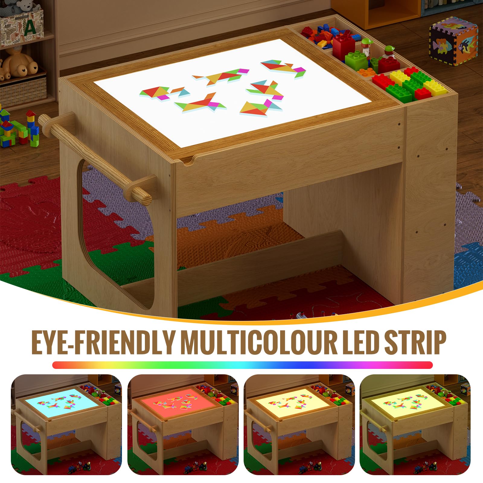 MSFE Spieltisch mit Stauraum,Sensorischer Leuchttisch für Kinder,Dimmbare RGB Beleuchtung,Seitliche Fächer und Papierrollenhalter,Austauschbare Tischplatten für Bausteine,Pausen/Abpausen und Malen