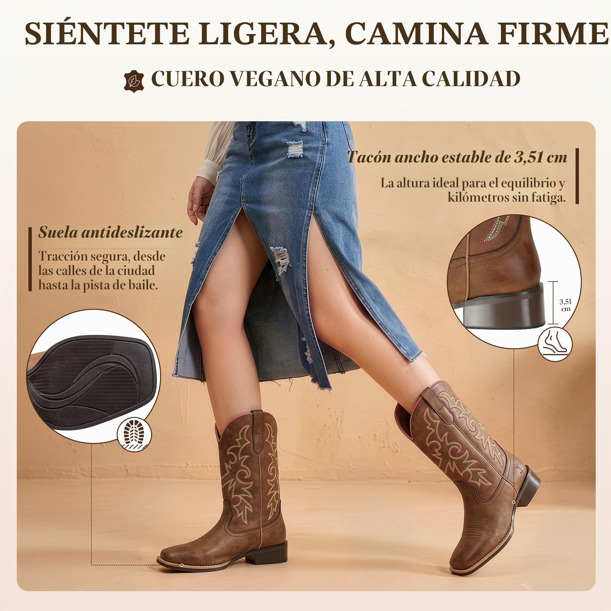 J's.o.l.e Botas vaqueras occidentales para mujer, de media pantorrilla ancha, punta cuadrada, botas vaqueras bordadas