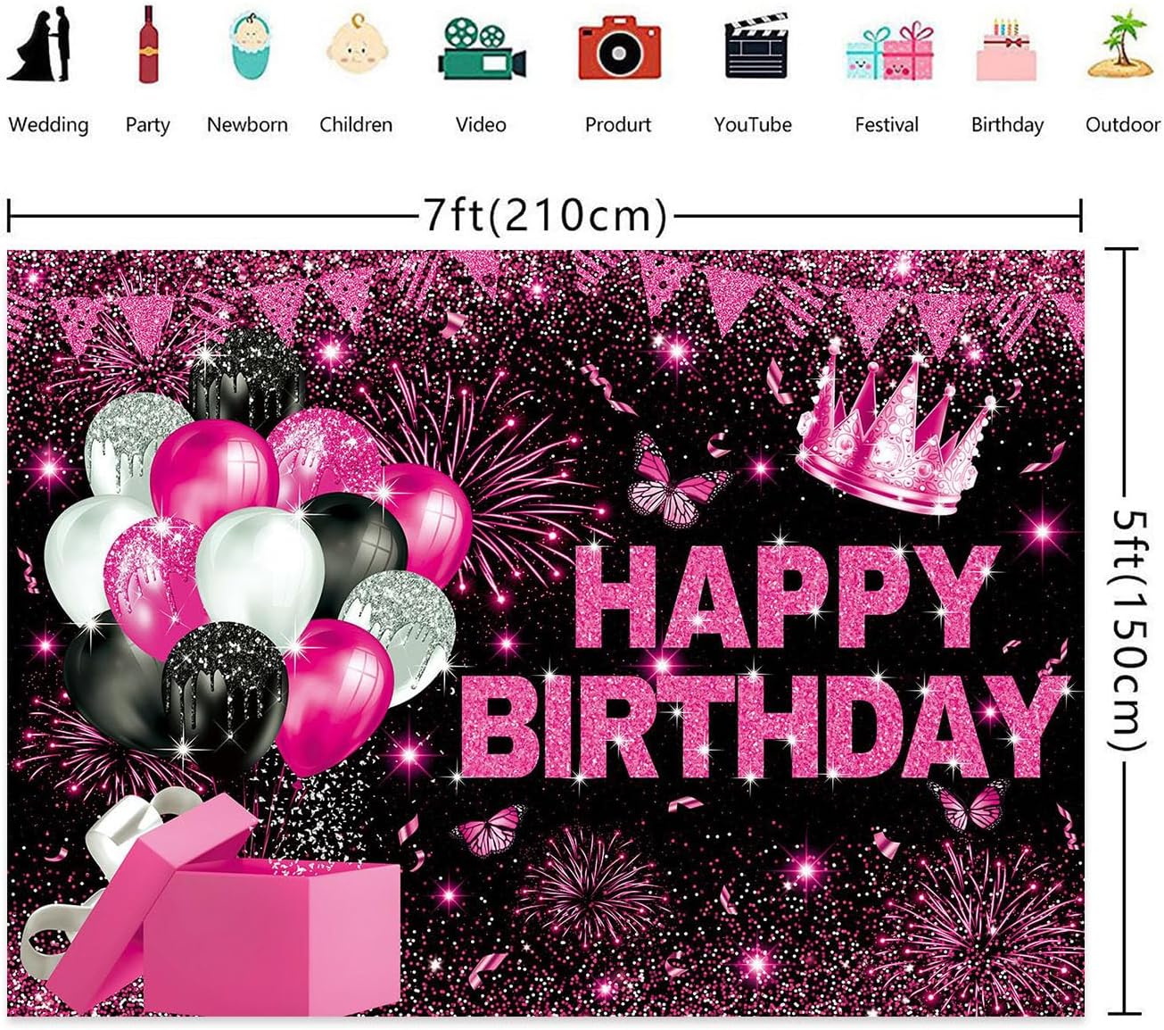 7x5ft Pink Girl Happy Birthday Backdrop Pink Backdrop for Birthday Party Baby Girl Birthday Banner Background Pink Baby Birthday Party Supplies