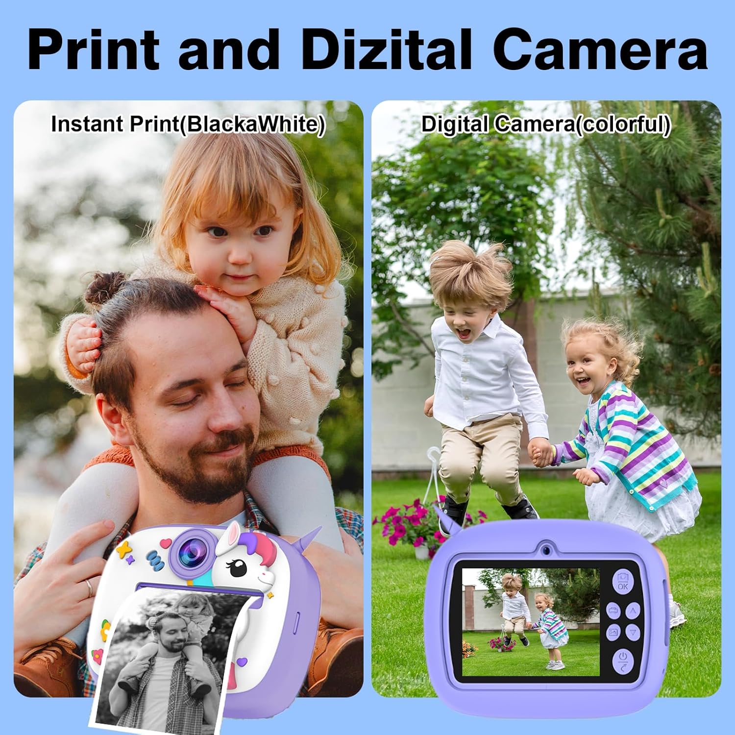 Kids Camera with Instant Print, Front & Rear Dual Cameras, Portable Travel Digital Toy, Birthday for Girls & Boys Ages 3-12 (32GB SD Card) Purple