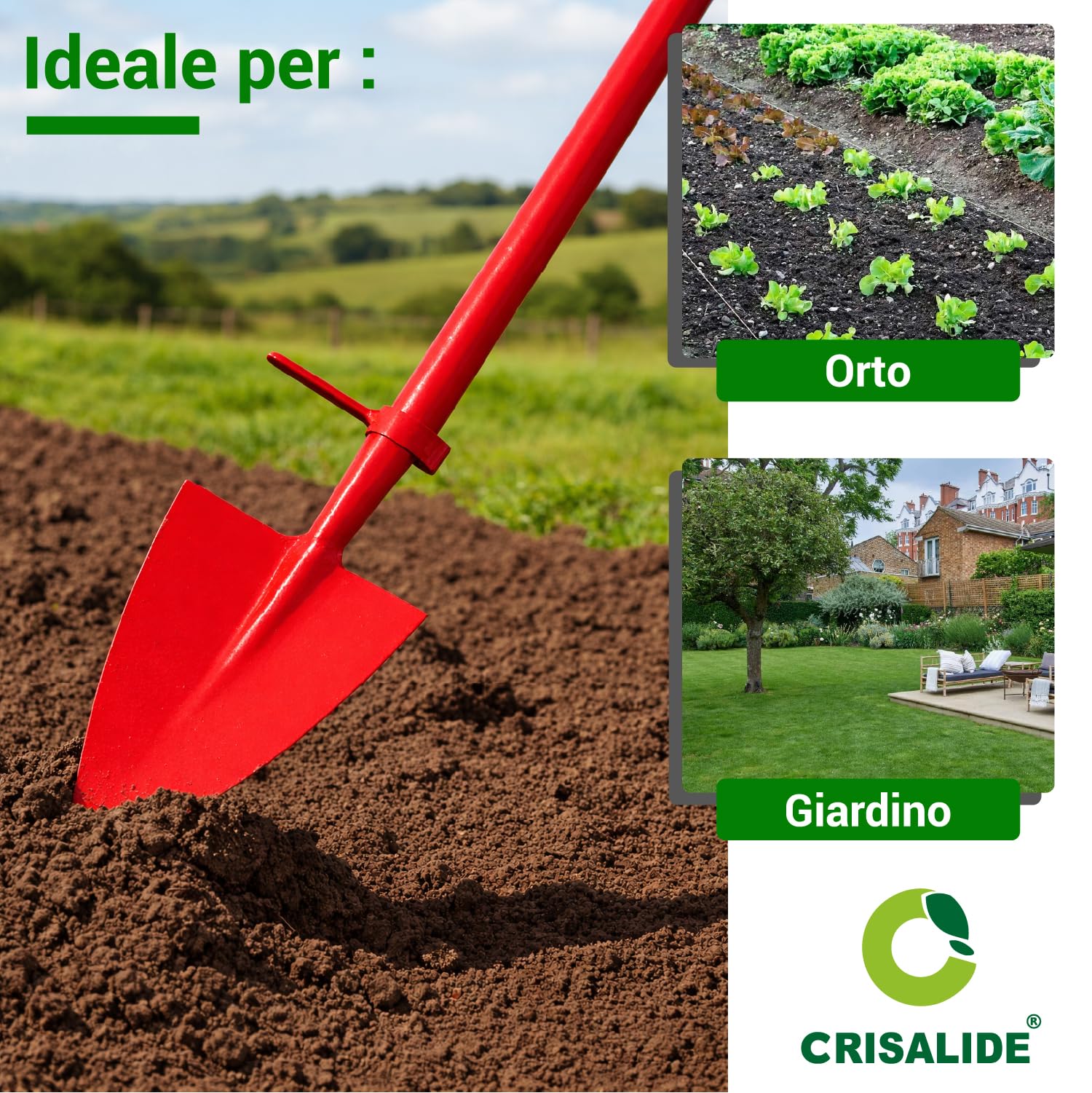 Crisalide Pala Roma con punta de acero forjado – con mango y soporte ajustable, ideal para huerto y jardín – Herramienta de excavación robusta para trabajos de tierra