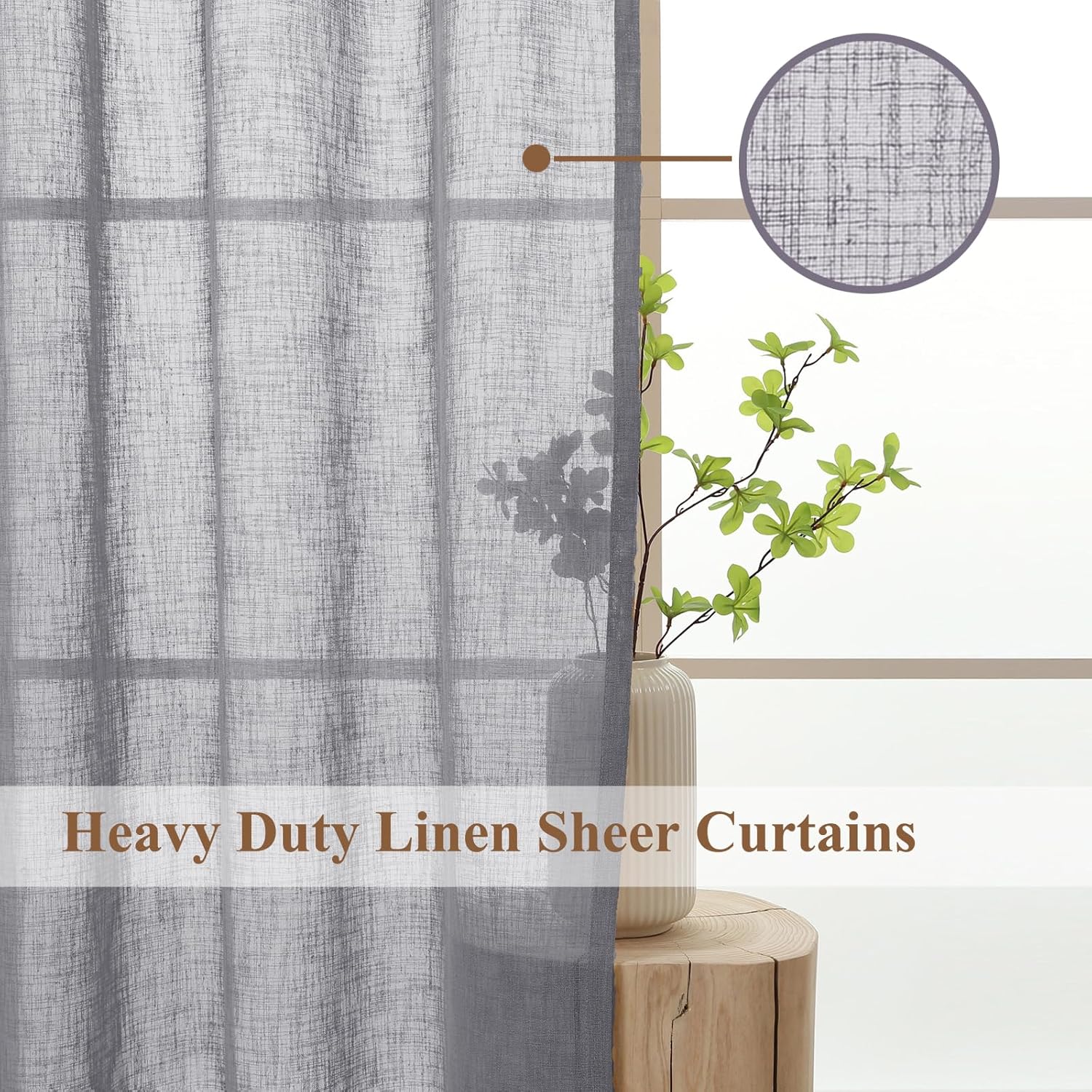 L.Z.E Dark Grey Sheer Curtains for Living Room, 96 Inches Long, Light Filtering Elegant Faux Linen Curtains, Burlap Textured Grommet Window Drapes for Bedroom Dining Room Farmhouse, Set of 2 Panels