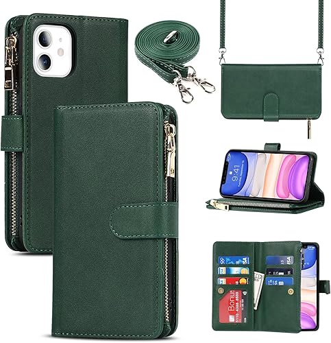 Cavor Funda tipo cartera para iPhone 11, funda para iPhone 11 con soporte para correa, tarjetero para mujeres y hombres, funda protectora magnética