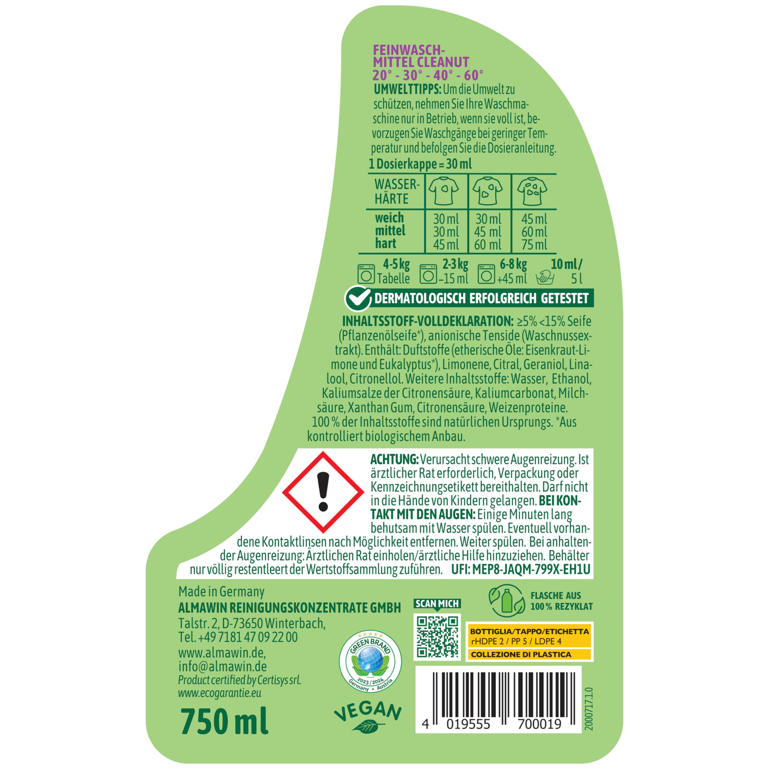AlmaWin® Feinwaschmittel Cleanut [6x 750ml - 150 Ladungen] mit Waschnuss-Extrakt - Waschmittel mit Verbena-Duft für Feines & Buntes [20-60°C] - Flüssiges Waschmittel Natur - Öko, VEGAN & Palmölfrei