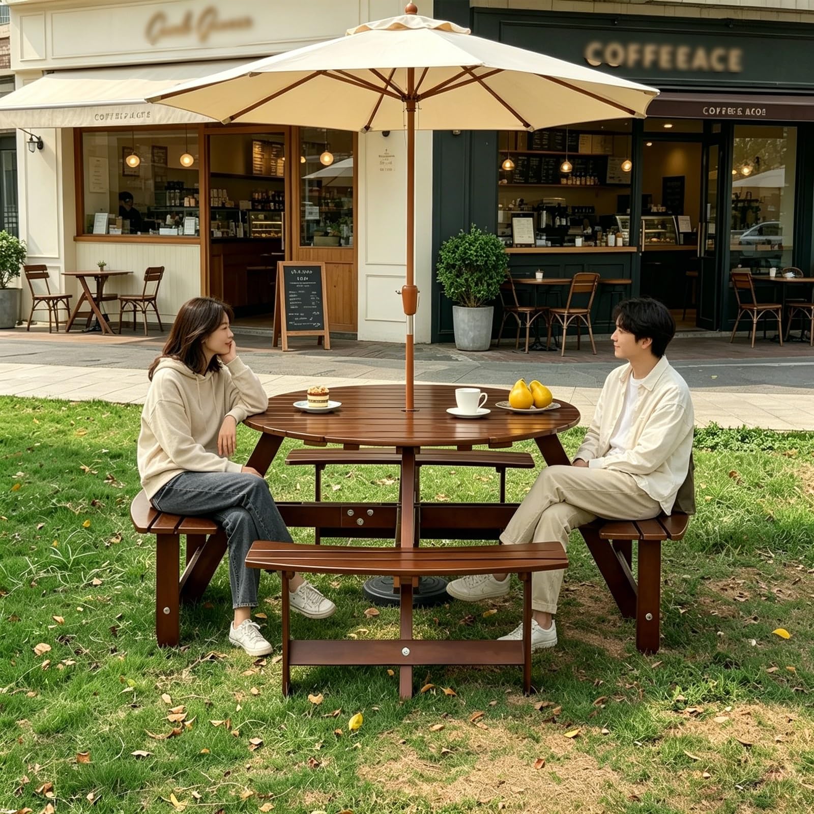 Tavolo da Picnic Rotondo In Legno Massivo for 8 Persone con 4 Panche Curve, Resistente Set da Pranzo Esterno con Foro for Ombrello, Tavolo da Giardino Impermeabile for Cortile(Natural)