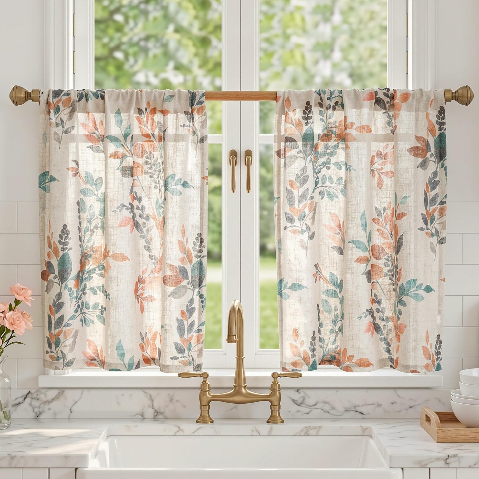 MYSKY HOME Linen Tier Patterned Curtains Over Sink 30 Inch Long Set of 2 Light Filtering Privacy Half Window Curtains with Rod Pocket for Kitchen, Cabinet, Basement, Camper, Burnt Orange, 30" Wide