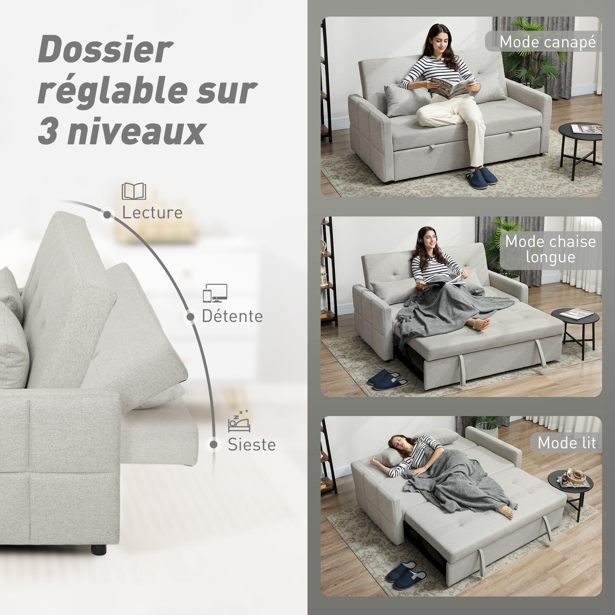 HOMCOM Canapé Convertible 2 Places 3 en 1, canapé-lit clic-clac 137x180cm, lit gigogne, Dossier réglable, 2 Coussins, Assise Large, Tissu Lin, pour Salon, Appartement, Petit Espace, Marron Clair
