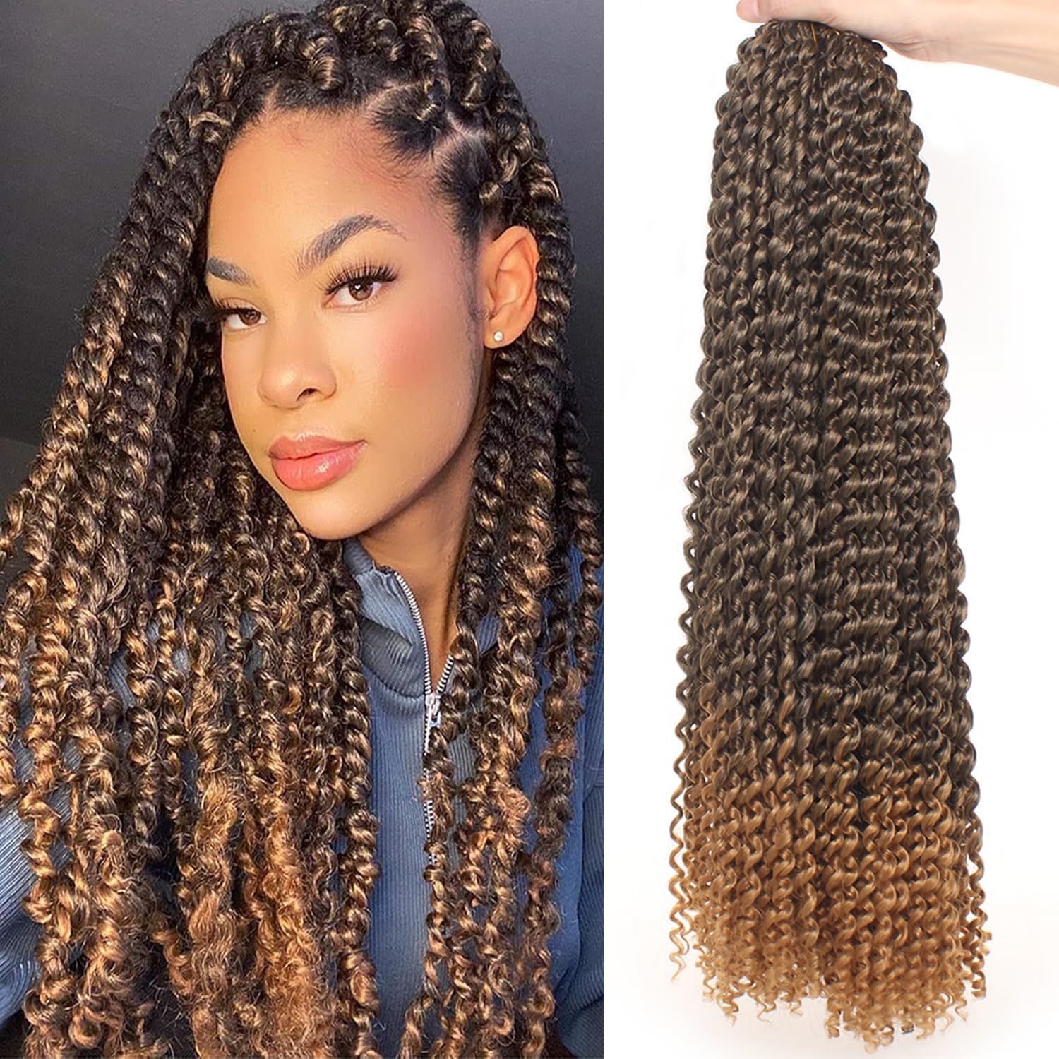 Mscat Passion Twist Hair 24 Inch 7 Packs Ombre Brown Water Wave Crochet Hair Curly Braiding Hair Short Bohemian Spring Twist Hair For Butterfly Locs Crochet Braids Synthetic Hair Extension T27#