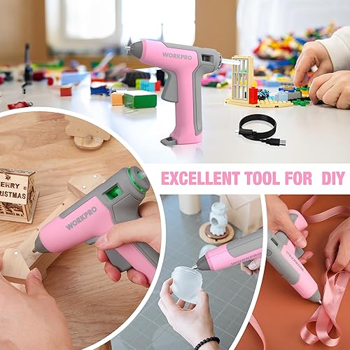 Miniatura 8 de WORKPRO Pistola de pegamento caliente inalámbrica rosa, kit de pistola de pegamento de calentamiento rápido recargable de ahorro de energía con 20
