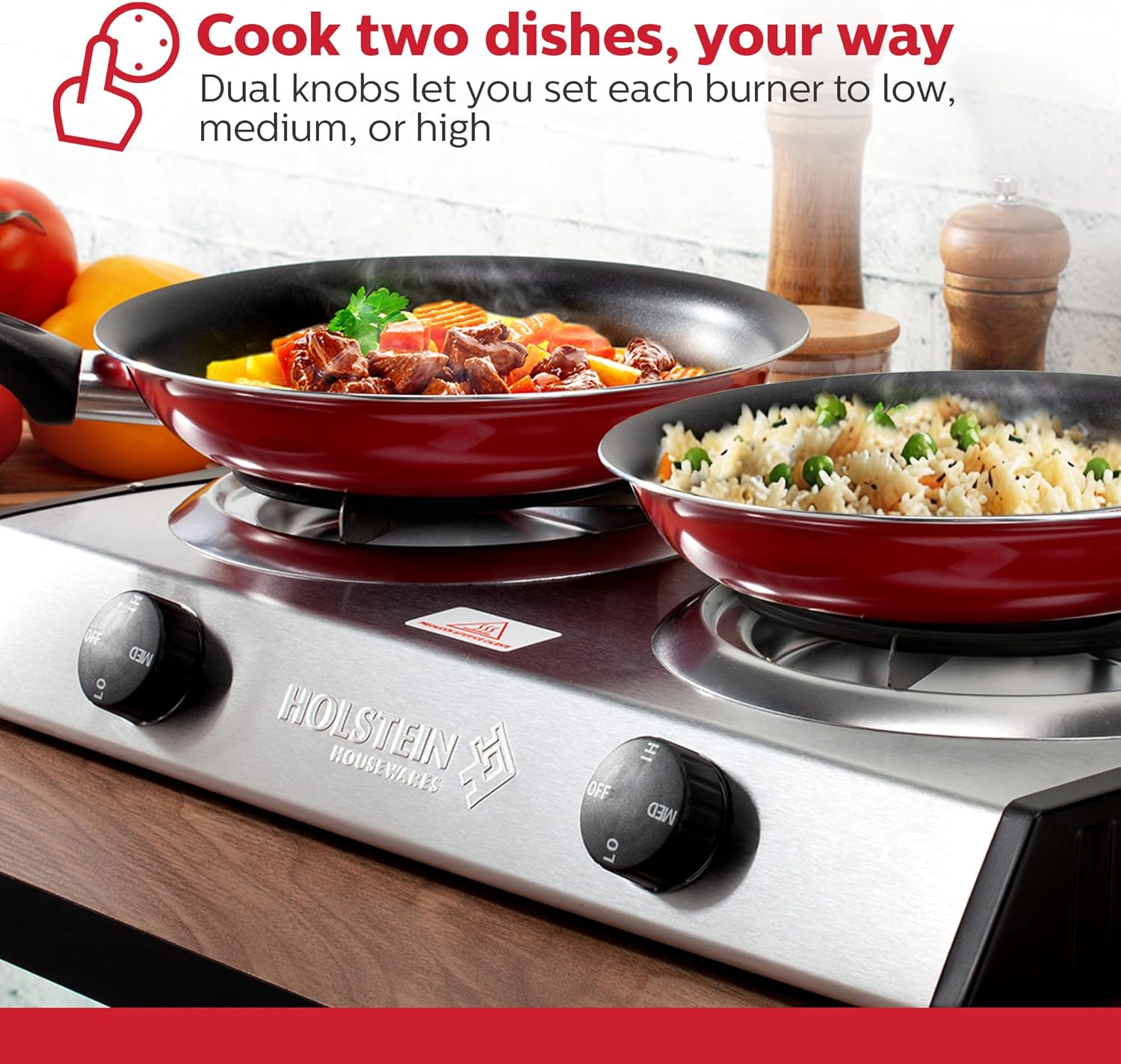 Holstein Housewares Portable Electric Double Burner – Compact & Lightweight Dual Hot Plate with Adjustable Heat Settings, Stainless Steel Housing, & Anti-Slip Feet – Ideal for Dorms, & Travel