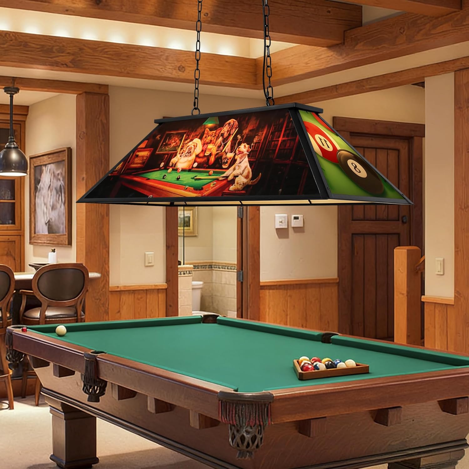 4-Light Tiffany Pool Table Lamp, 43'' Billiards Light Fixture for 7'-8' Pool Table Hanging Lamp, with Dogs Playing Billiards Light Transmittance Shade, Suitable for Game Room, Man Cave