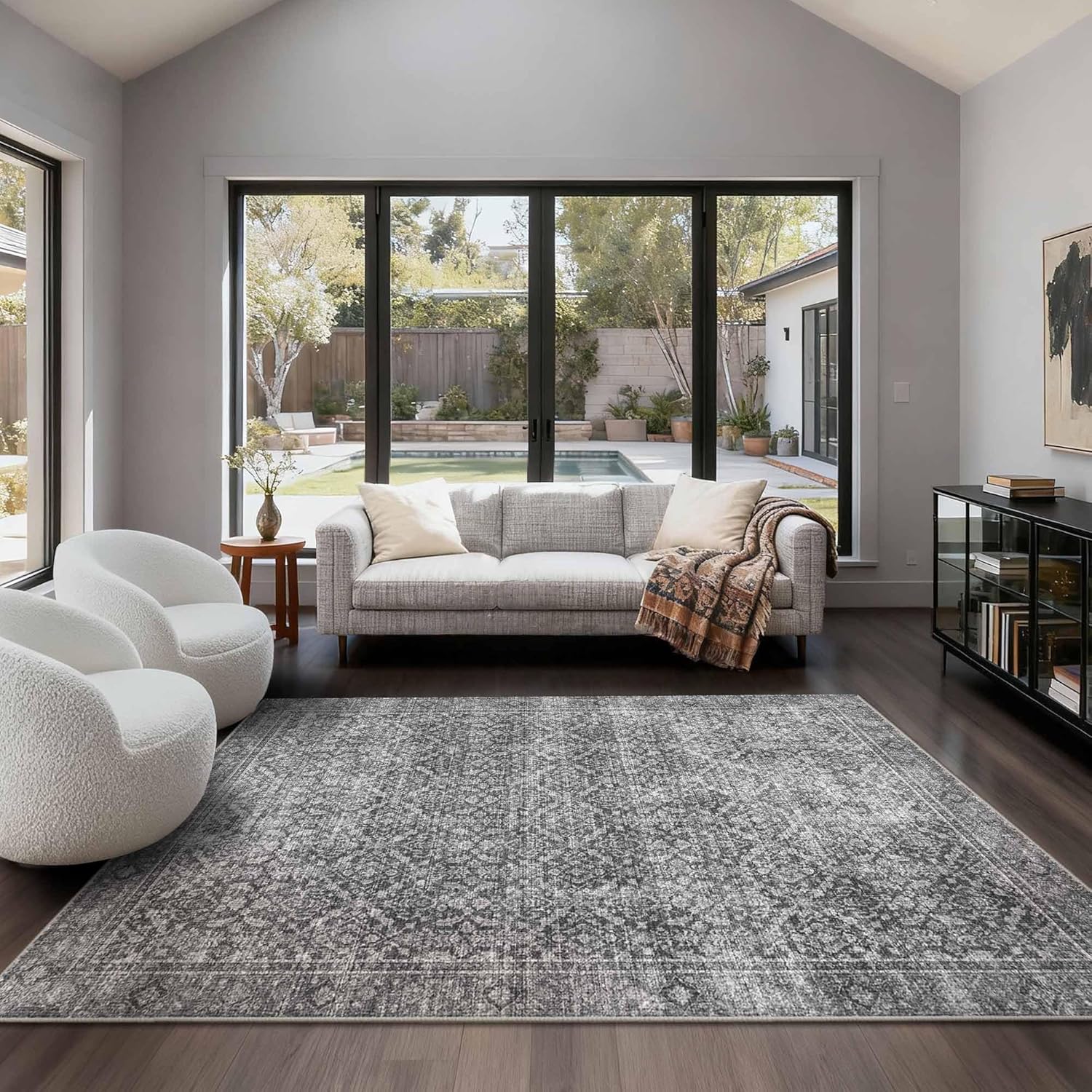 Latte&Fog 6x9 Area Rugs for Living Room, Large Vintage Grey Washable Rug, Boho Floral Non Slip Low Pile Carpet for Indoor Bedroom, Dining Room, Office, Dorm, Classroom and Farmhouse