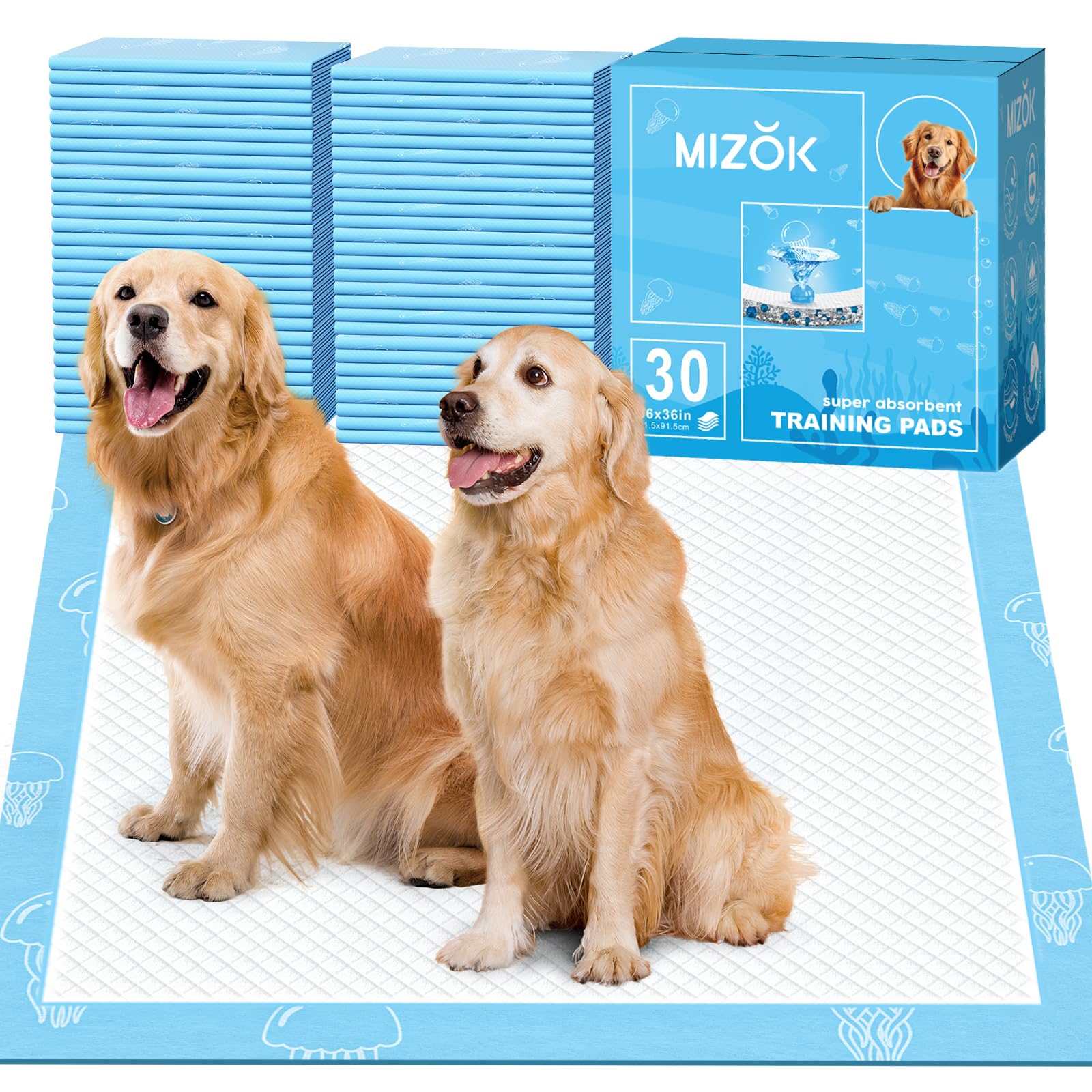 MIZOK 36x36in Dog Pee Pads Jumbo Disposable Dog Training Pads Super Absorbent Up to 11 Cups Marine Scented Odor-Control Dog Pads with Jellyfish