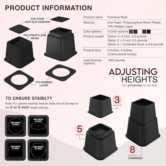 Utopia Bedding Adjustable Bed Risers 3 & 5 Inch, Black, 4-Pack