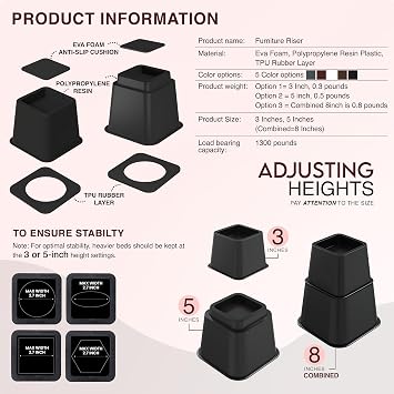 Utopia Bedding Adjustable Bed Risers 3 & 5 Inch, Black, 4-Pack