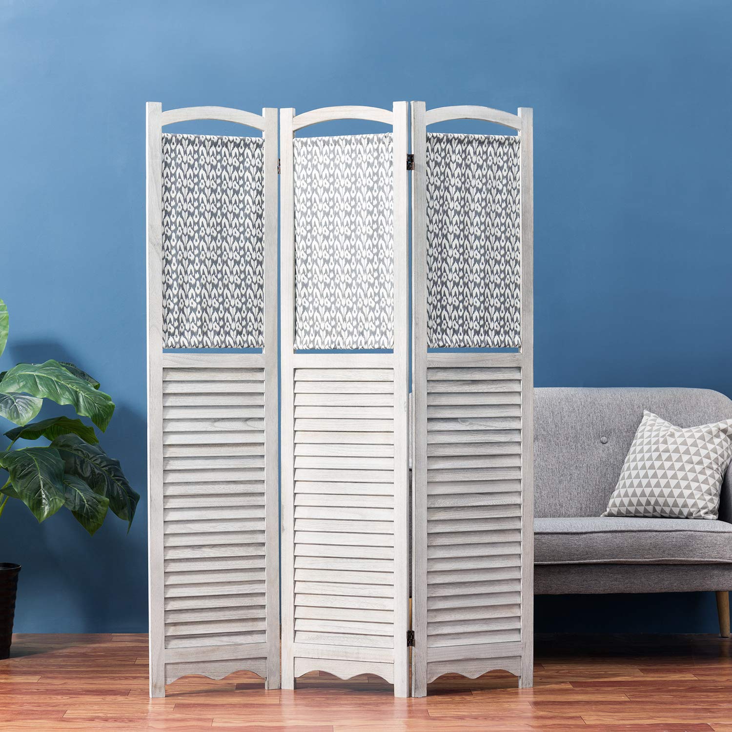 MyGift 3-Panel Louvered Rustic Gray on White Room Divider with Wood Frame & Decorative Fabric Screen